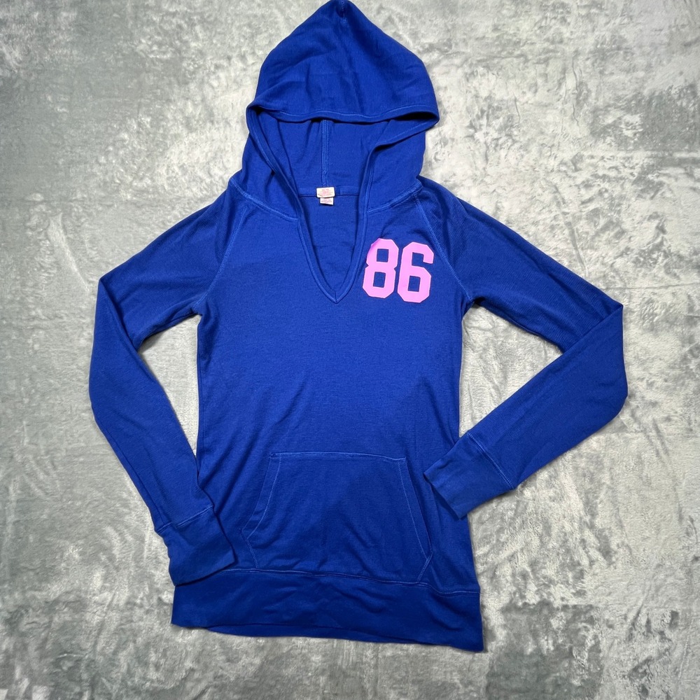 Victoria's Secret PINK Hoodie Women M Blue Waffle Knit V-Neck 86 Pullover